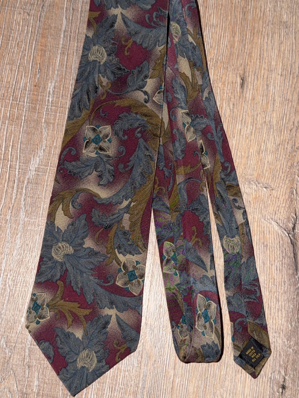 bill blass Burgundy Tie with Gray and Olive Floral Scrolls